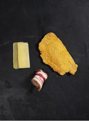 Lomo de cerdo Duroc + bacón curado + queso Gouda Holandés