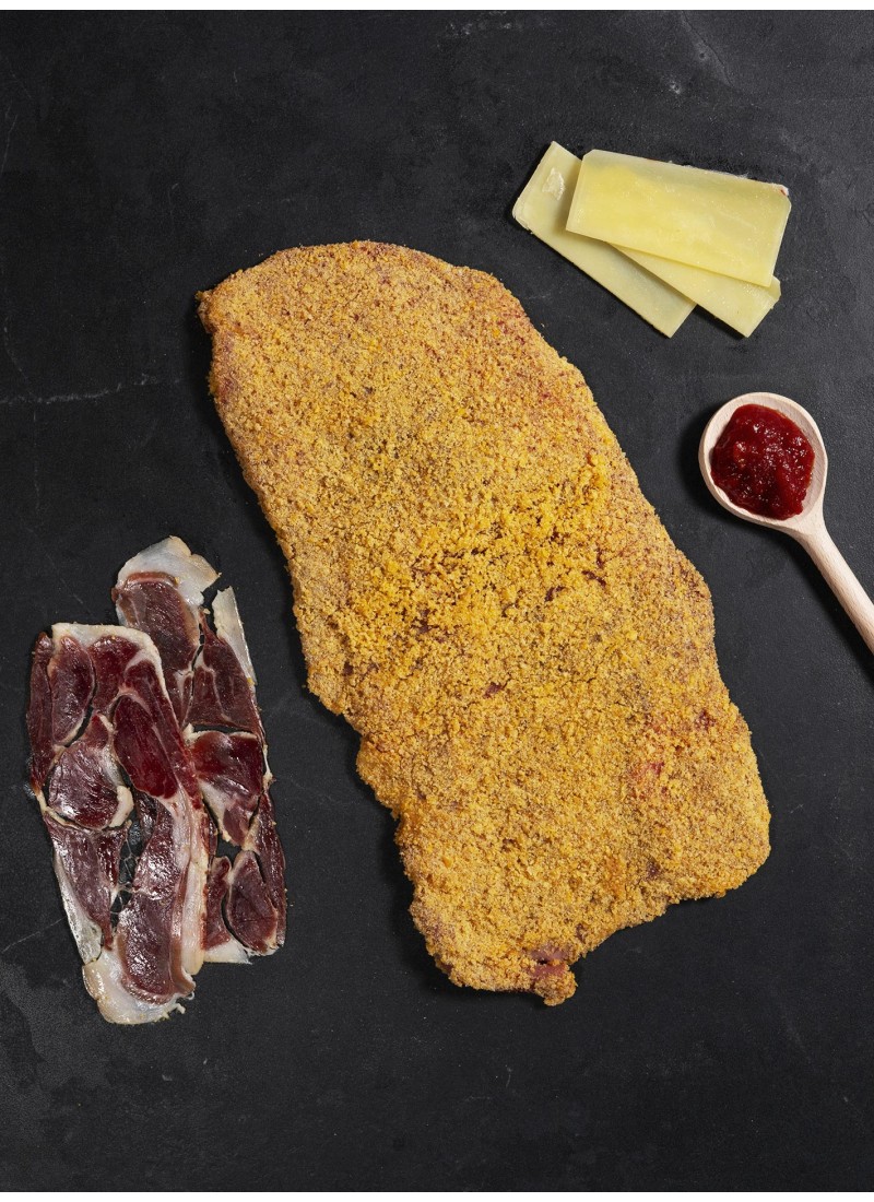 Ternera de Navarra+queso Gouda+jamón serrano+tomate caramelizado + orégano